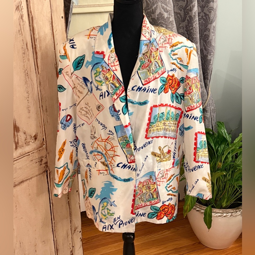 Carol Horn VTG Workshop 100% Silk Printed blazer. Medium. Whimsical, Art, fun
